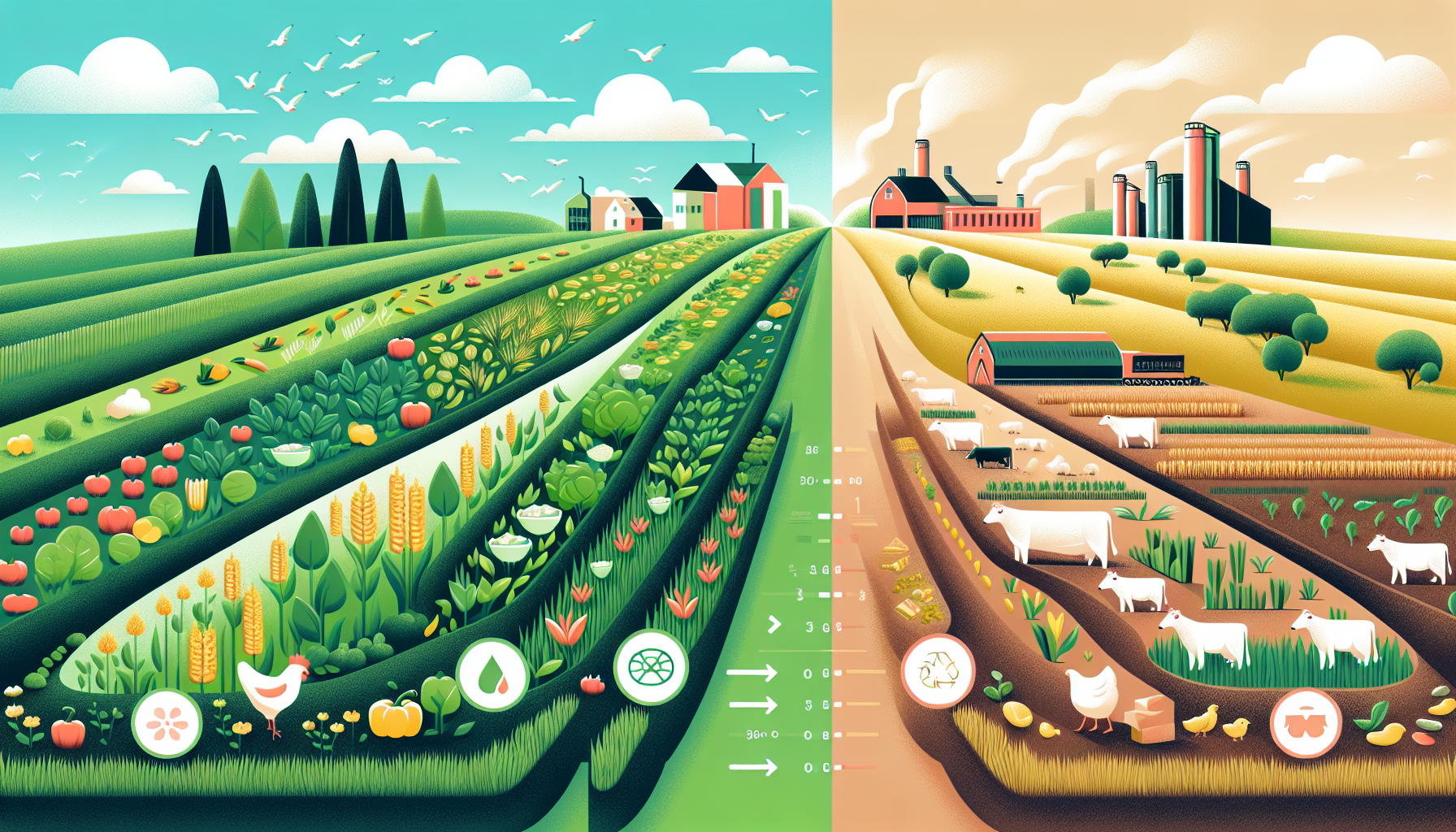 Visual comparison of environmental impact: plant-based farm on left with clear skies and small footprint, livestock farm on right with larger environmental impact