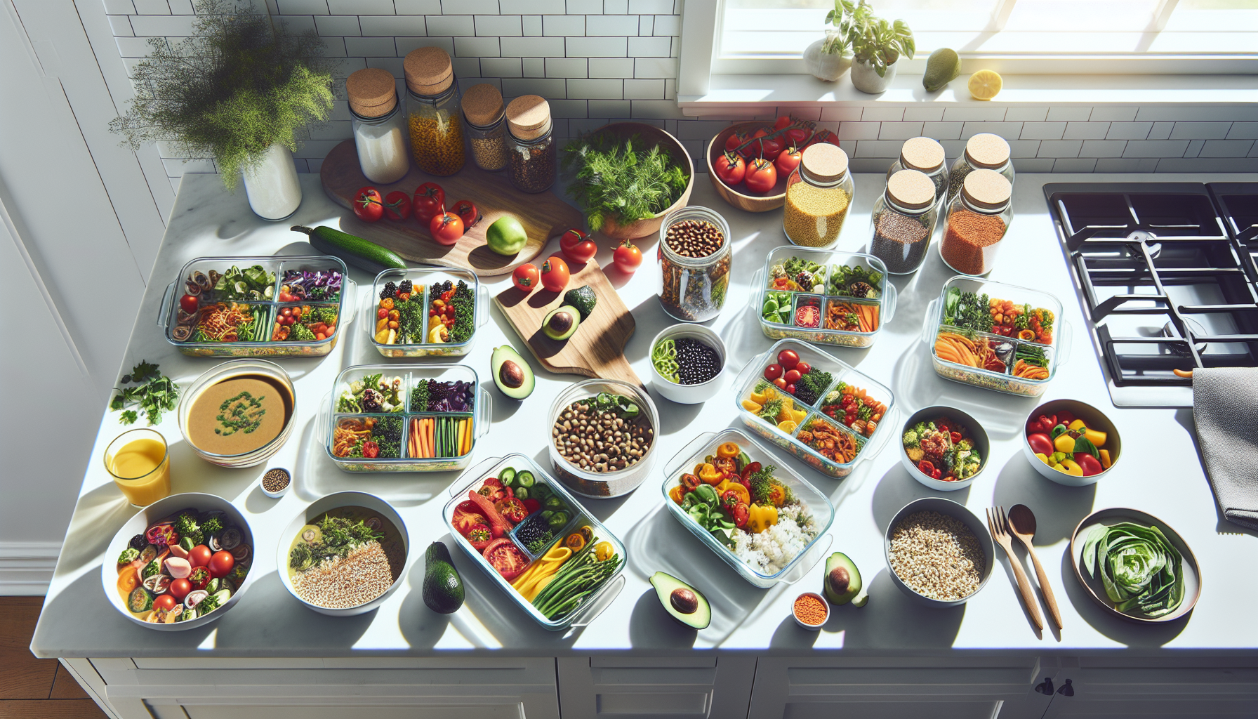 Bird's-eye view of weekly meal prep with glass containers of plant-based meals and fresh ingredients on a kitchen counter